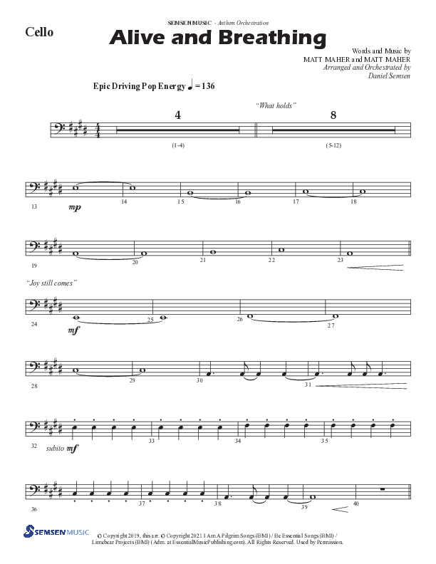 Alive And Breathing (Choral Anthem SATB) Cello (Semsen Music / Arr. Daniel Semsen)