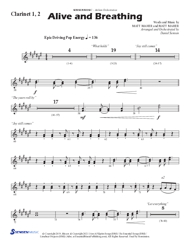 Alive And Breathing (Choral Anthem SATB) Clarinet 1/2 (Semsen Music / Arr. Daniel Semsen)