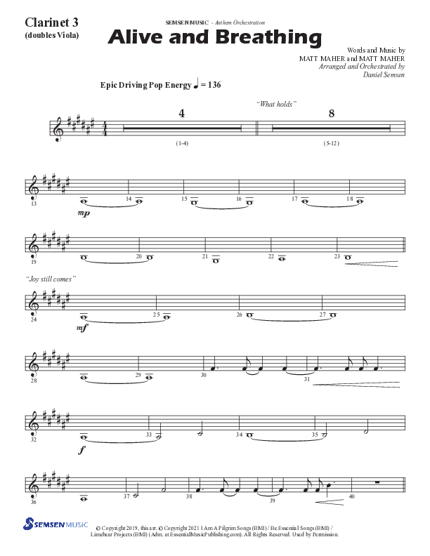 Alive And Breathing (Choral Anthem SATB) Clarinet 3 (Semsen Music / Arr. Daniel Semsen)
