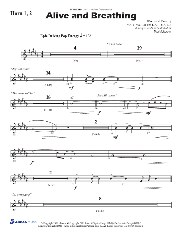 Alive And Breathing (Choral Anthem SATB) French Horn 1/2 (Semsen Music / Arr. Daniel Semsen)