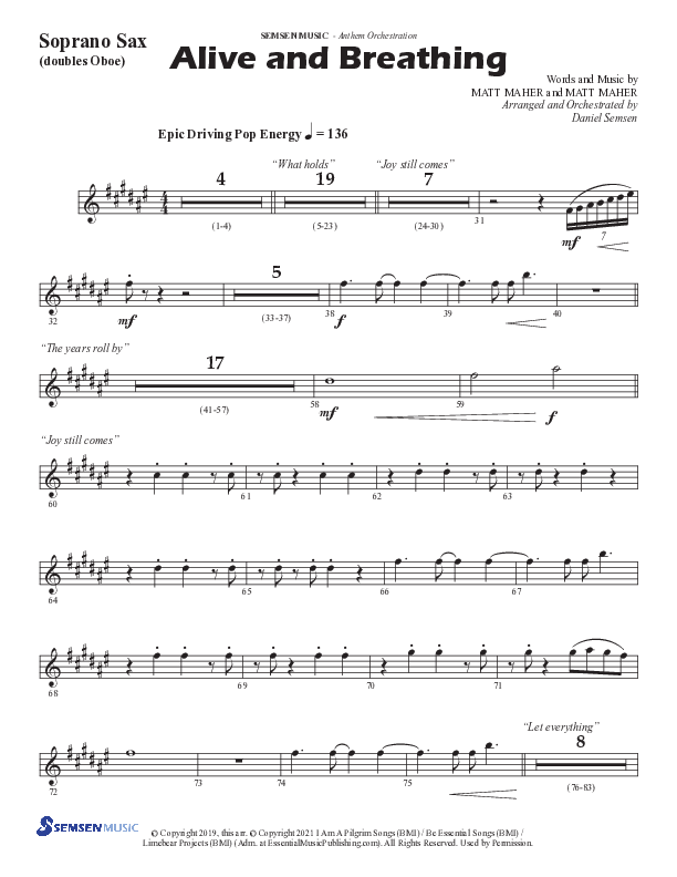 Alive And Breathing (Choral Anthem SATB) Soprano Sax (Semsen Music / Arr. Daniel Semsen)