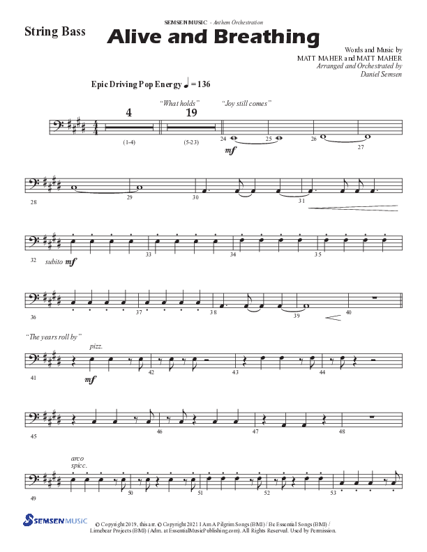 Alive And Breathing (Choral Anthem SATB) String Bass (Semsen Music / Arr. Daniel Semsen)