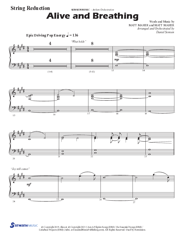 Alive And Breathing (Choral Anthem SATB) String Reduction (Semsen Music / Arr. Daniel Semsen)