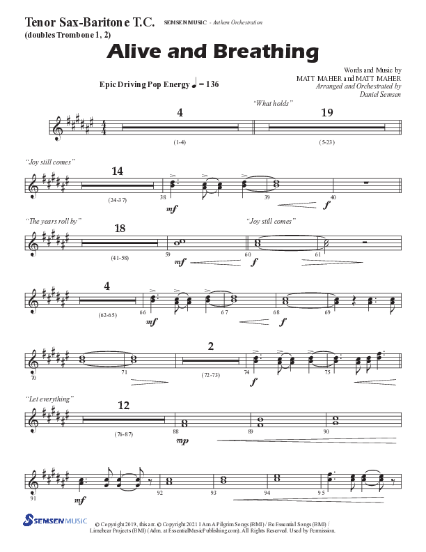 Alive And Breathing (Choral Anthem SATB) Tenor Sax/Baritone T.C. (Semsen Music / Arr. Daniel Semsen)