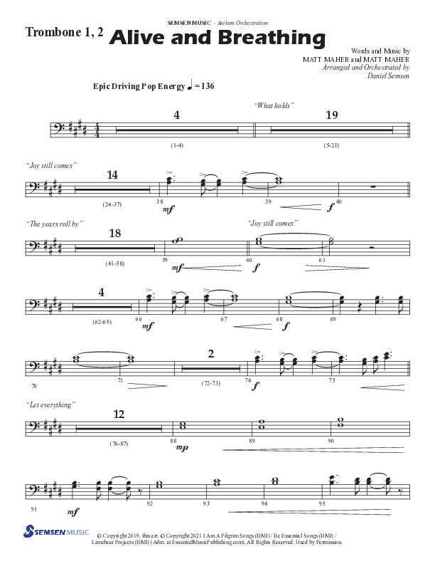 Alive And Breathing (Choral Anthem SATB) Trombone 1/2 (Semsen Music / Arr. Daniel Semsen)