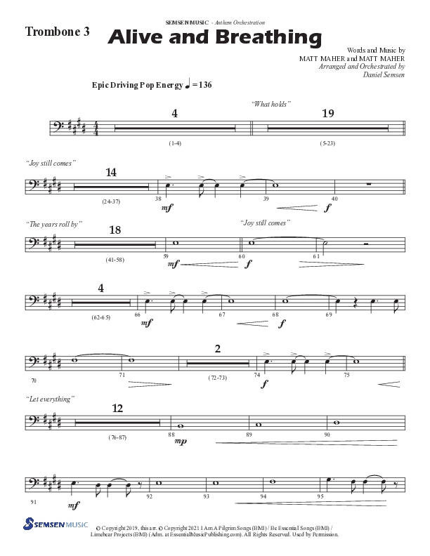 Alive And Breathing (Choral Anthem SATB) Trombone 3 (Semsen Music / Arr. Daniel Semsen)