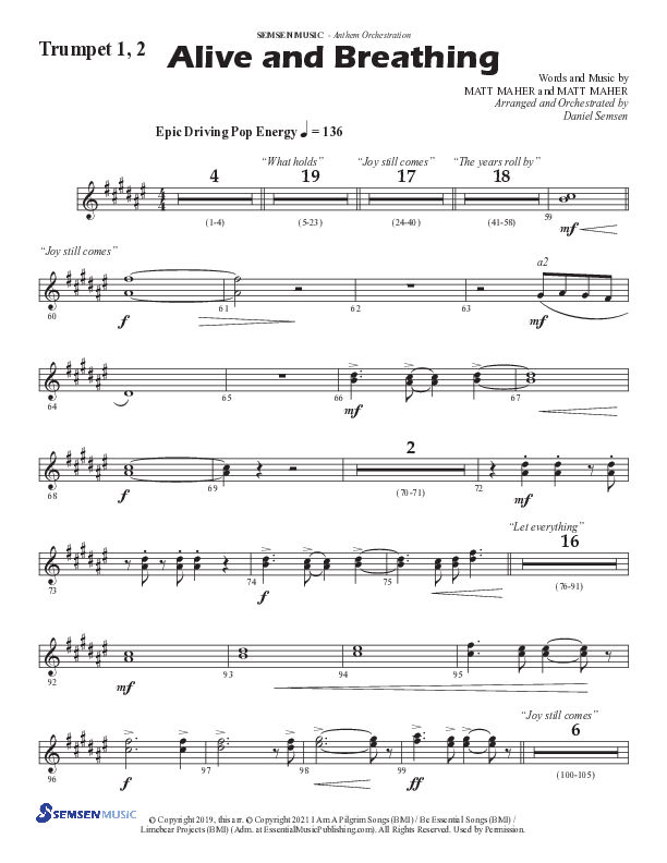 Alive And Breathing (Choral Anthem SATB) Trumpet 1,2 (Semsen Music / Arr. Daniel Semsen)