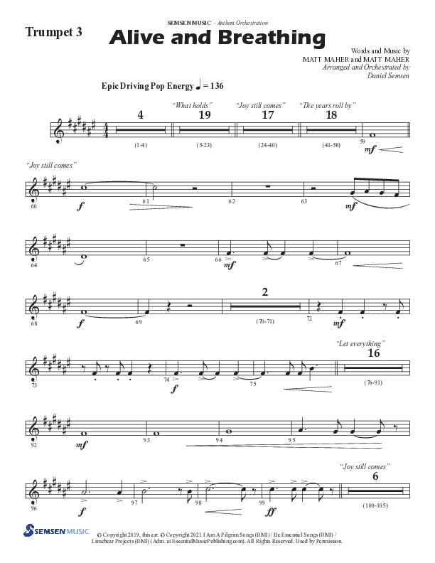 Alive And Breathing (Choral Anthem SATB) Trumpet 3 (Semsen Music / Arr. Daniel Semsen)