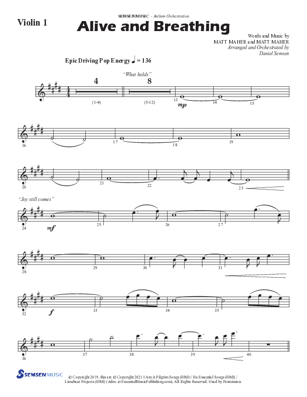 Alive And Breathing (Choral Anthem SATB) Violin 1 (Semsen Music / Arr. Daniel Semsen)