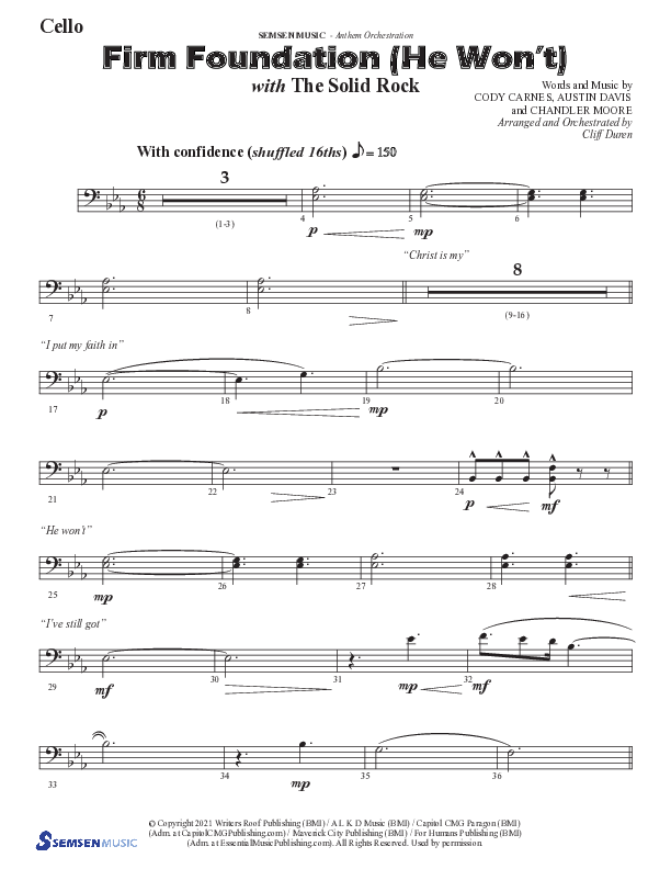 Firm Foundation (He Won't) (Choral Anthem SATB) Cello (Semsen Music / Arr. Cliff Duren)