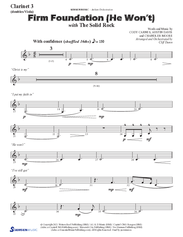 Firm Foundation (He Won't) (Choral Anthem SATB) Clarinet 3 (Semsen Music / Arr. Cliff Duren)