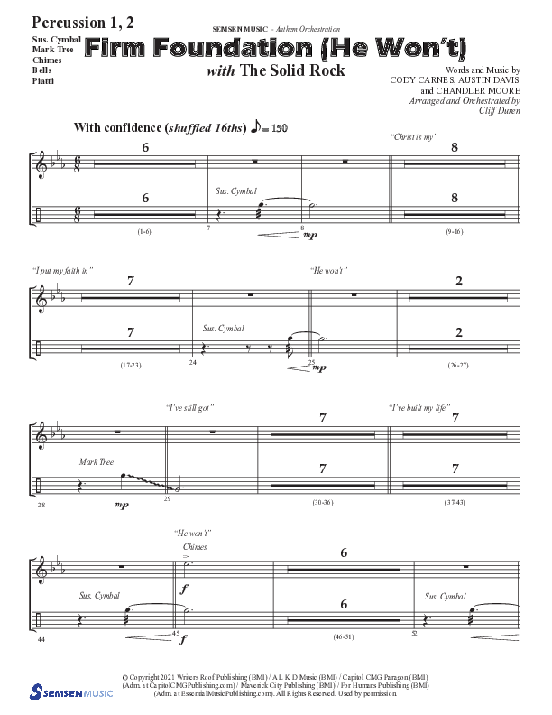 Firm Foundation (He Won't) (Choral Anthem SATB) Percussion 1/2 (Semsen Music / Arr. Cliff Duren)