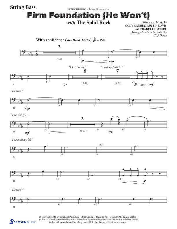 Firm Foundation (He Won't) (Choral Anthem SATB) String Bass (Semsen Music / Arr. Cliff Duren)