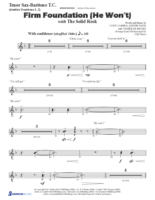 Firm Foundation (He Won't) (Choral Anthem SATB) Tenor Sax/Baritone T.C. (Semsen Music / Arr. Cliff Duren)