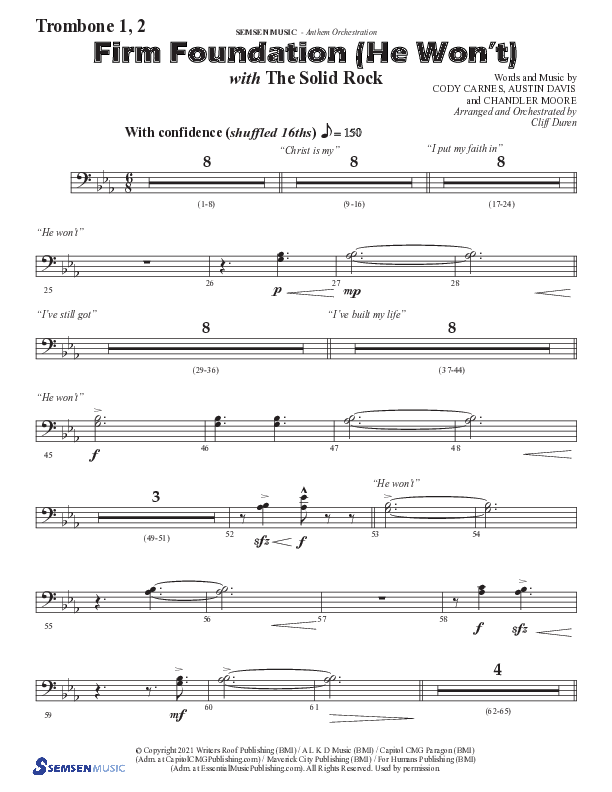 Firm Foundation (He Won't) (Choral Anthem SATB) Trombone 1/2 (Semsen Music / Arr. Cliff Duren)