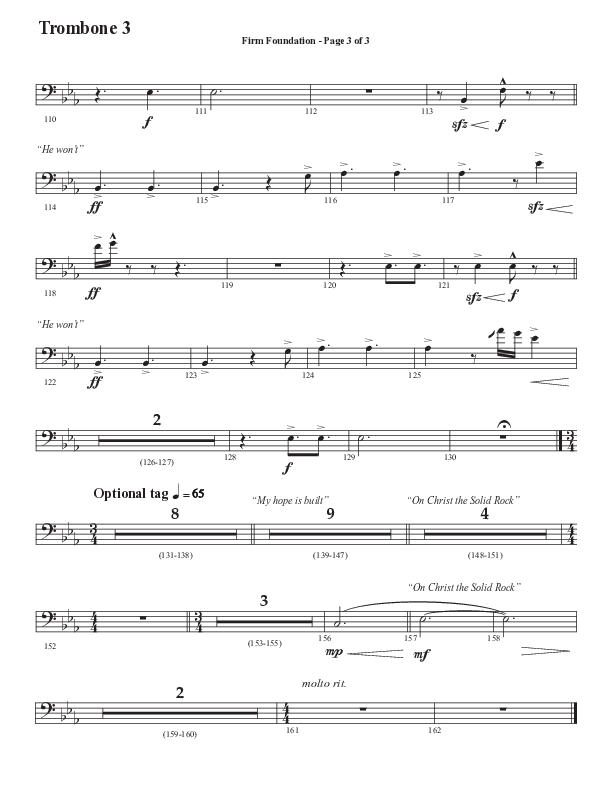 Firm Foundation (He Won't) (Choral Anthem SATB) Trombone 3 (Semsen Music / Arr. Cliff Duren)