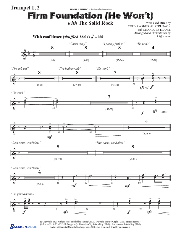 Firm Foundation (He Won't) (Choral Anthem SATB) Trumpet 1,2 (Semsen Music / Arr. Cliff Duren)