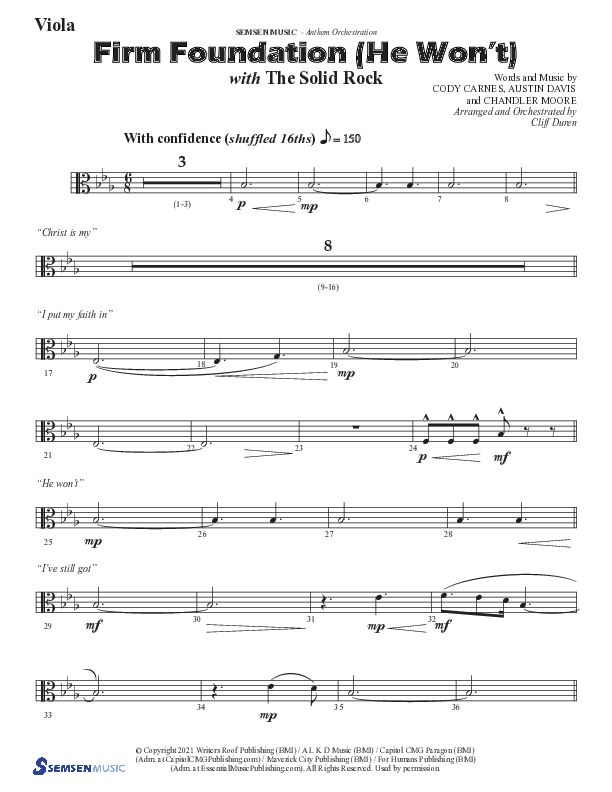 Firm Foundation (He Won't) (Choral Anthem SATB) Viola (Semsen Music / Arr. Cliff Duren)