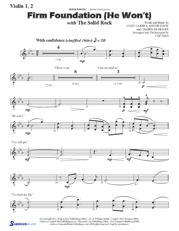 Firm Foundation (He Won't) (Choral Anthem SATB) Violin 1/2 (Semsen Music / Arr. Cliff Duren)