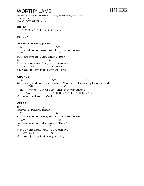 Worthy Lamb Chord Chart (Life Music)