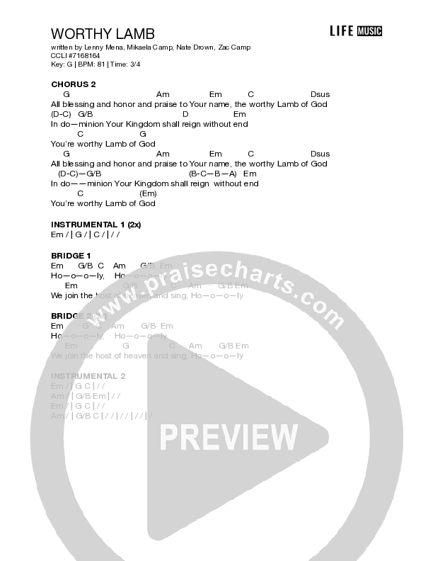 Worthy Lamb Chord Chart (Life Music)