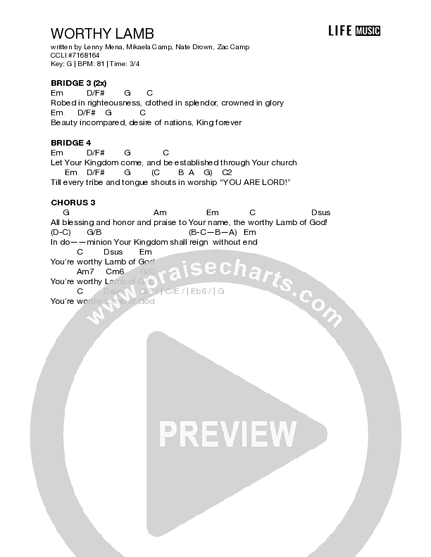 Worthy Lamb Chord Chart (Life Music)