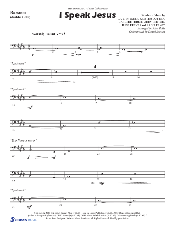 I Speak Jesus (Choral Anthem SATB) Bassoon (Semsen Music / Arr. John Bolin / Orch. Daniel Semsen)