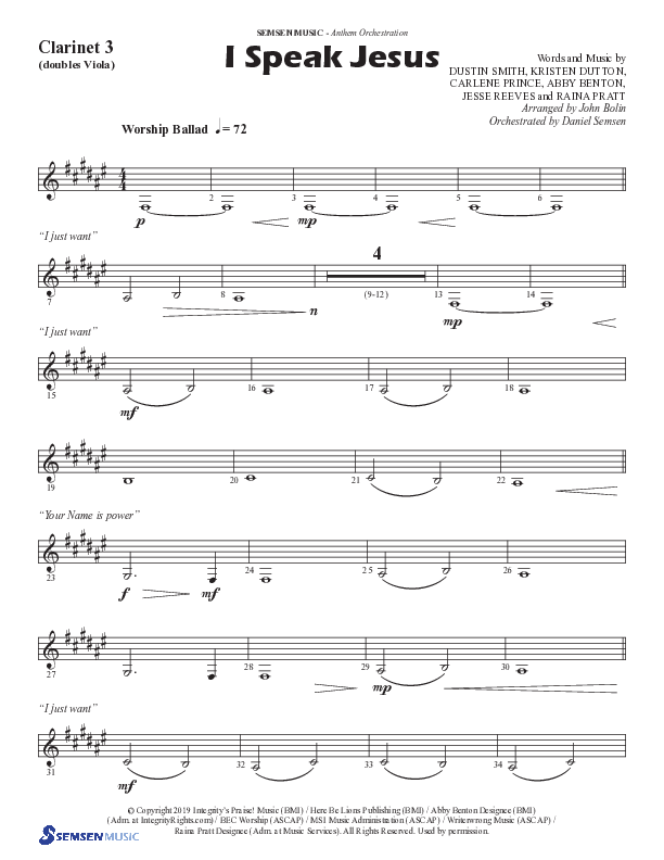 I Speak Jesus (Choral Anthem SATB) Clarinet 3 (Semsen Music / Arr. John Bolin / Orch. Daniel Semsen)