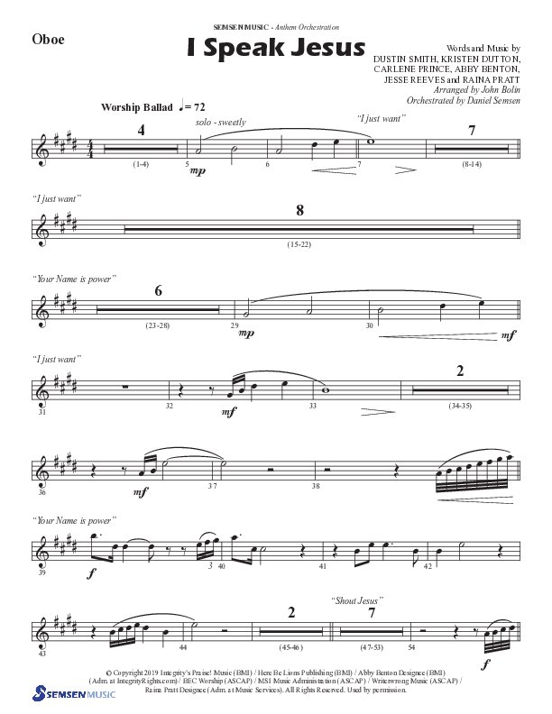 I Speak Jesus (Choral Anthem SATB) Oboe (Semsen Music / Arr. John Bolin / Orch. Daniel Semsen)