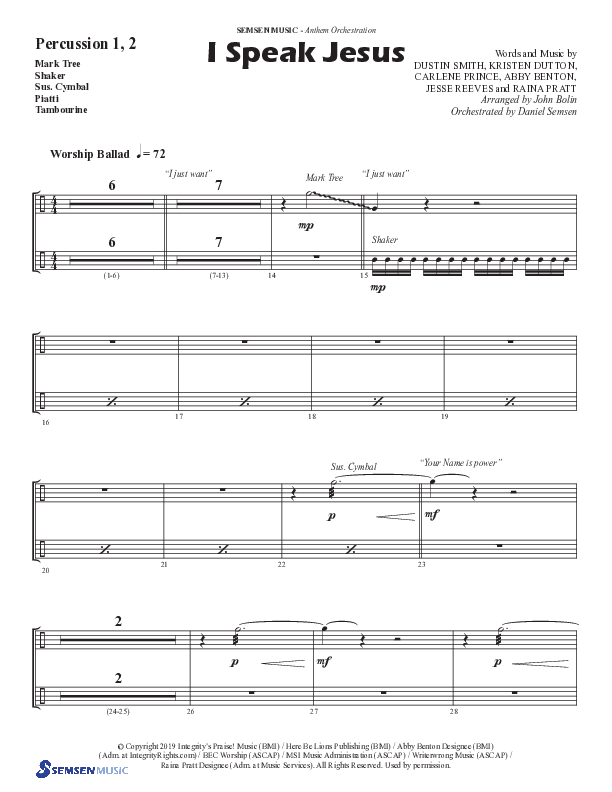 I Speak Jesus (Choral Anthem SATB) Percussion (Semsen Music / Arr. John Bolin / Orch. Daniel Semsen)