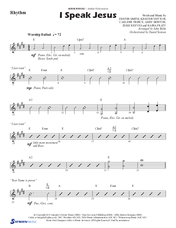 I Speak Jesus (Choral Anthem SATB) Rhythm Chart (Semsen Music / Arr. John Bolin / Orch. Daniel Semsen)