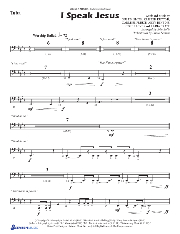 I Speak Jesus (Choral Anthem SATB) Tuba (Semsen Music / Arr. John Bolin / Orch. Daniel Semsen)