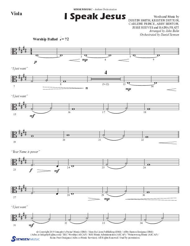 I Speak Jesus (Choral Anthem SATB) Viola (Semsen Music / Arr. John Bolin / Orch. Daniel Semsen)