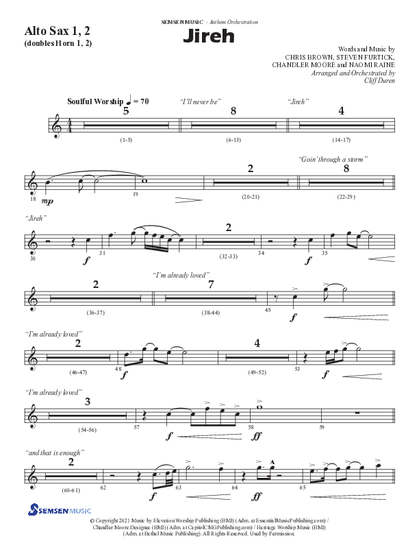 Jireh (Choral Anthem SATB) Alto Sax 1/2 (Semsen Music / Arr. Cliff Duren)