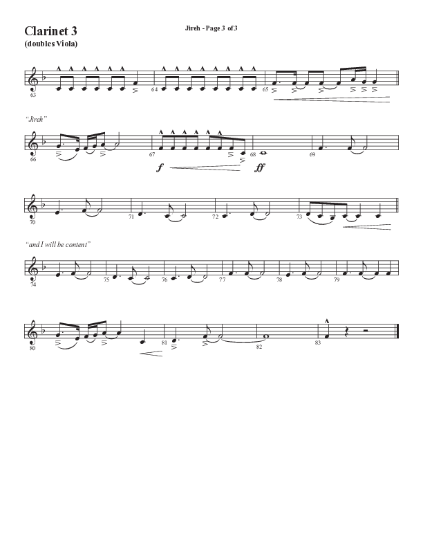 Jireh (Choral Anthem SATB) Clarinet 3 (Semsen Music / Arr. Cliff Duren)