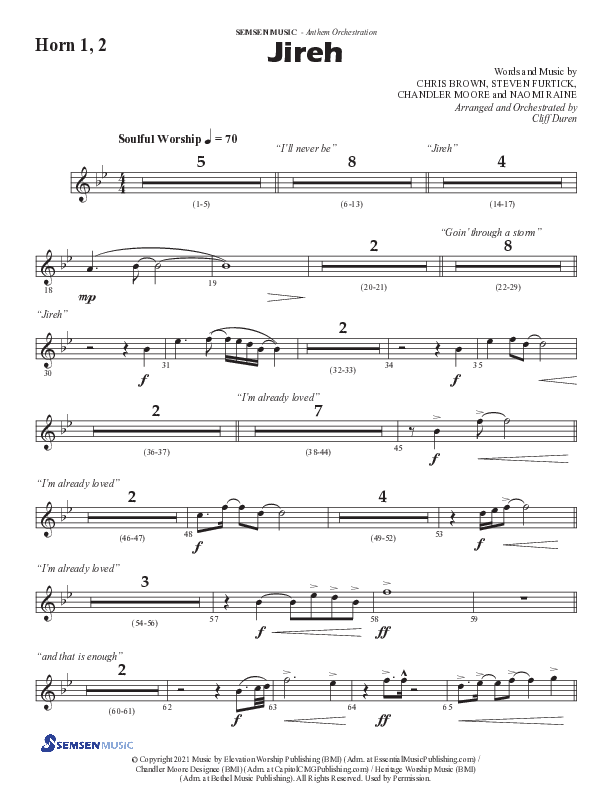 Jireh (Choral Anthem SATB) French Horn 1/2 (Semsen Music / Arr. Cliff Duren)
