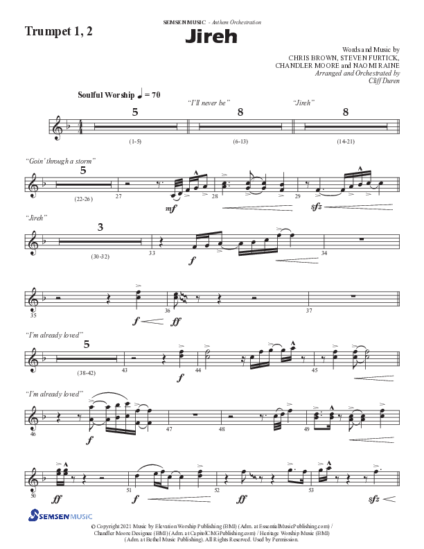 Jireh (Choral Anthem SATB) Trumpet 1,2 (Semsen Music / Arr. Cliff Duren)