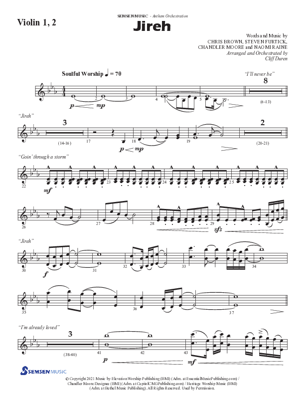 Jireh (Choral Anthem SATB) Violin 1/2 (Semsen Music / Arr. Cliff Duren)