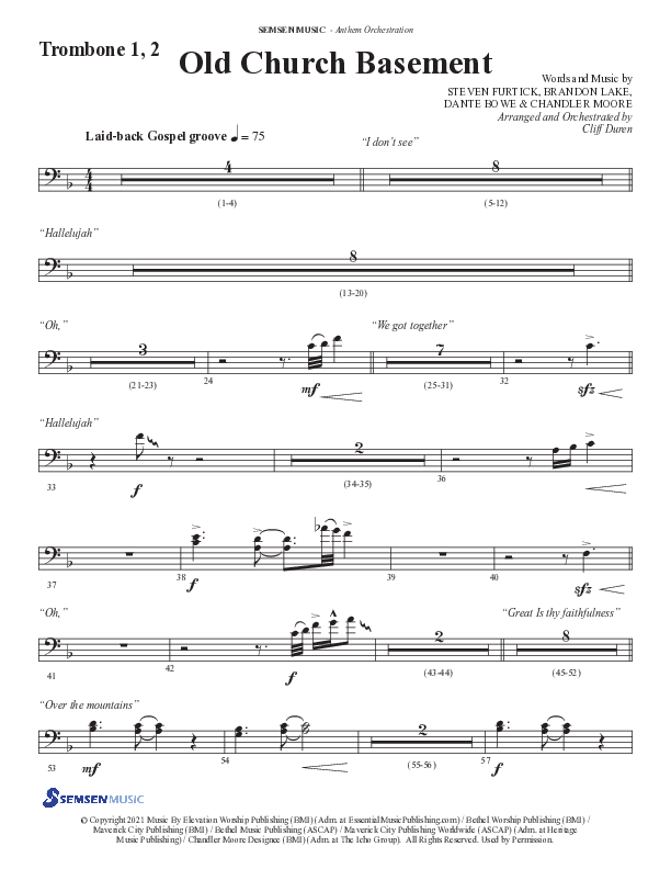 Old Church Basement (Choral Anthem SATB) Trombone 1/2 (Semsen Music / Arr. Cliff Duren)