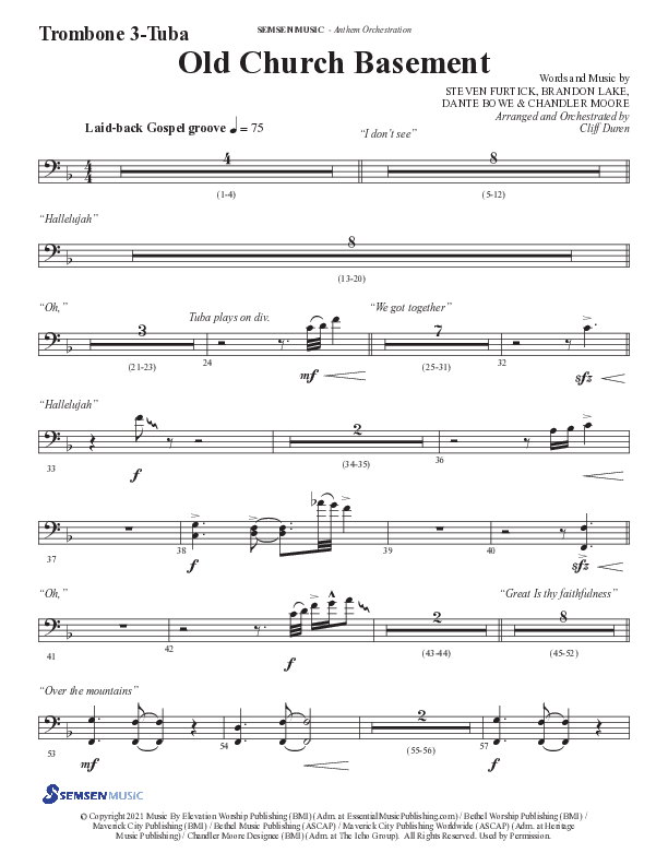 Old Church Basement (Choral Anthem SATB) Trombone 3/Tuba (Semsen Music / Arr. Cliff Duren)
