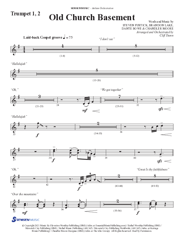 Old Church Basement (Choral Anthem SATB) Trumpet 1,2 (Semsen Music / Arr. Cliff Duren)