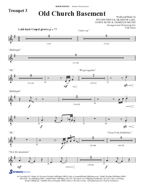 Old Church Basement (Choral Anthem SATB) Trumpet 3 (Semsen Music / Arr. Cliff Duren)
