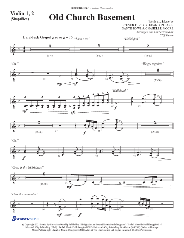 Old Church Basement (Choral Anthem SATB) Violin 1/2 (Semsen Music / Arr. Cliff Duren)