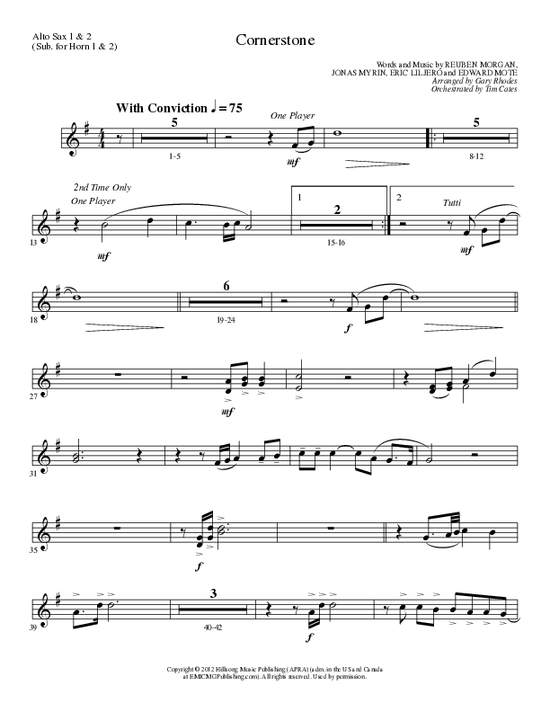Cornerstone (Choral Anthem SATB) Alto Sax 1/2 (Lillenas Choral / Arr. Gary Rhodes)