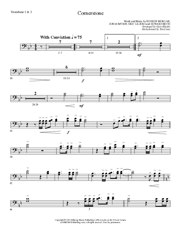Cornerstone (Choral Anthem SATB) Trombone 1/2 (Lillenas Choral / Arr. Gary Rhodes)