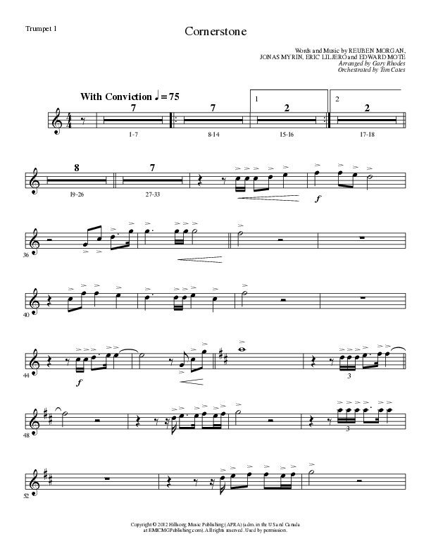 Cornerstone (Choral Anthem SATB) Trumpet 1 (Lillenas Choral / Arr. Gary Rhodes)
