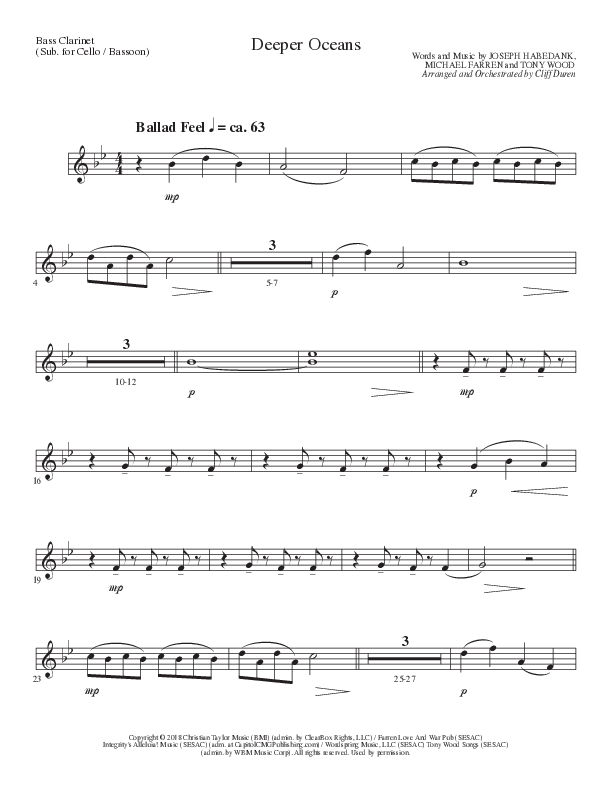 Deeper Oceans (Choral Anthem SATB) Bass Clarinet (Lillenas Choral / Arr. Cliff Duren)