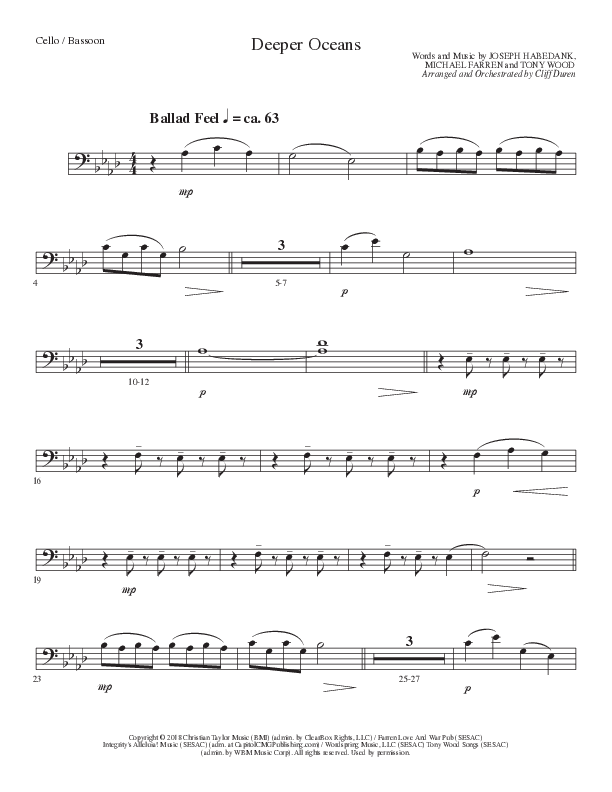 Deeper Oceans (Choral Anthem SATB) Cello (Lillenas Choral / Arr. Cliff Duren)