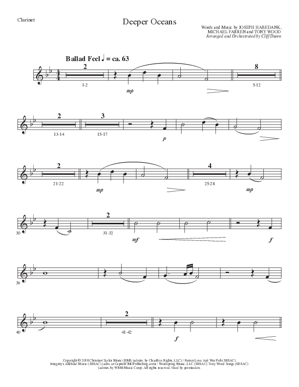 Deeper Oceans (Choral Anthem SATB) Clarinet (Lillenas Choral / Arr. Cliff Duren)