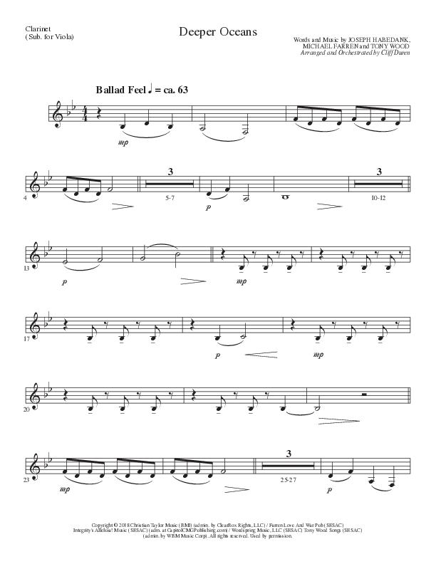 Deeper Oceans (Choral Anthem SATB) Clarinet (Lillenas Choral / Arr. Cliff Duren)